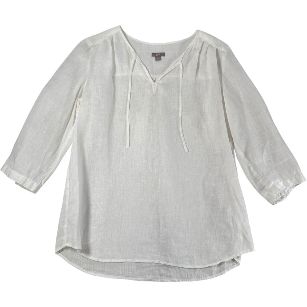 J Jill White 100% Linen Tunic Top Shirt Womens Size S 3/4 Sleeve V Neck Tie Neck